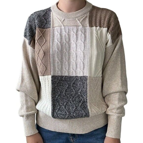 Vintage 1990s Tan Brown Checkered Cotton Chunky Oversized Sweater Sz XL - Picture 2 of 4